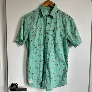 Lira -  Short Sleeve Button-Up - Mint Green w/ Red Palm Tree Print - Large